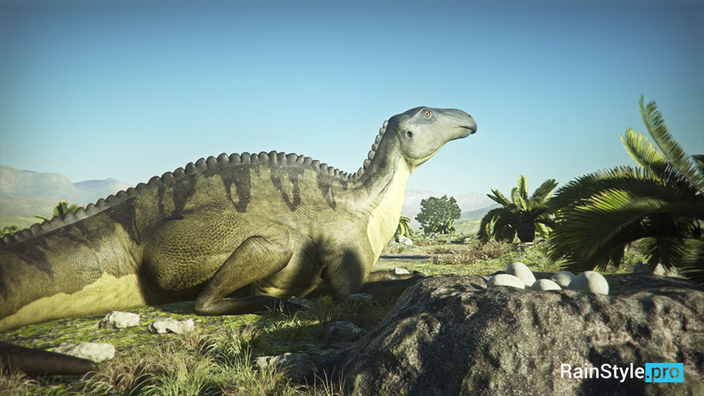 Динозавр защищает кладку с яйцами